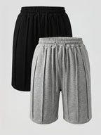 A Set of Two Women'S Spring And Summer Shorts Featuring a Three-Dimensional Striped Design, Comfortable Elastic Waistband, Casual Style with Double Pockets, And Soft Fabric - Light Grey+Black