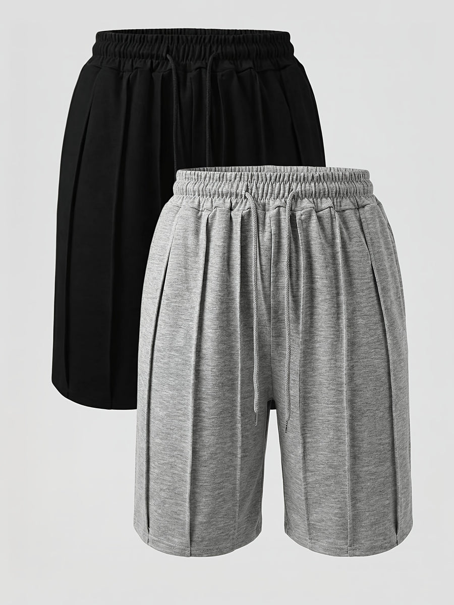 A Set of Two Women'S Spring And Summer Shorts Featuring a Three-Dimensional Striped Design, Comfortable Elastic Waistband, Casual Style with Double Pockets, And Soft Fabric - Light Grey+Black