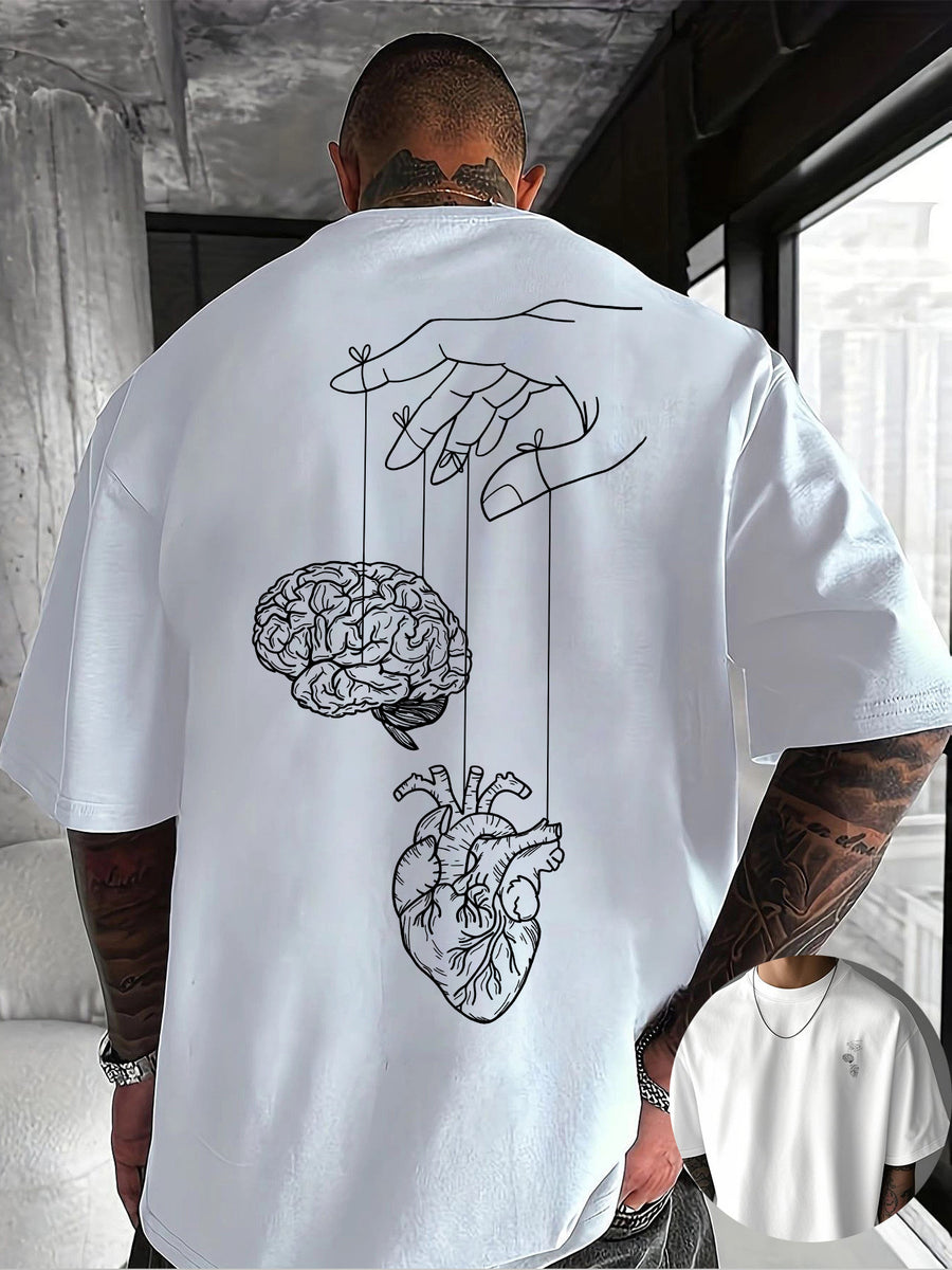Creative Front and Back Printed Graphic Crew Neck T-shirt, Pure Cotton Summer Trendy Fashion Short Sleeve, Casual Daily Style Top, Essential for Outings and Leisure, an Excellent Gift Choice - White