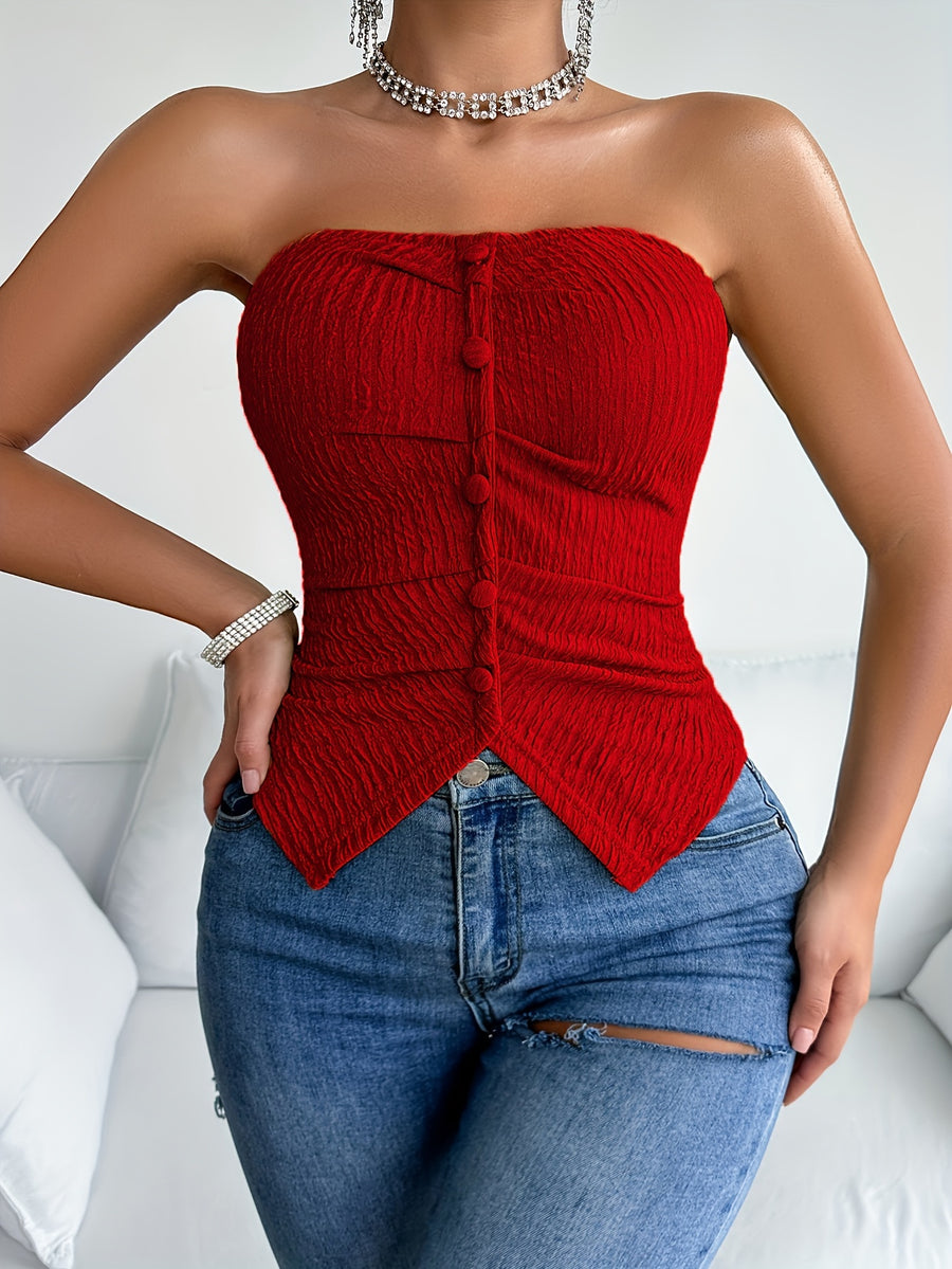 Single Breasted Ruched Tube Top, Versatile Textured Solid Tube Top, Women's Clothing - Red