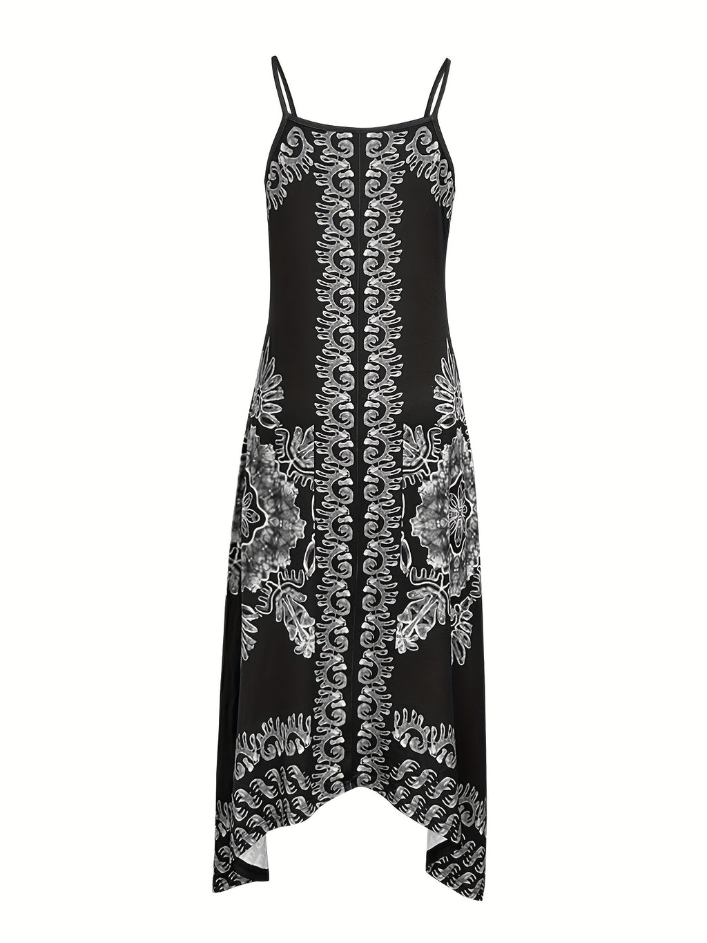 Spring/Summer Women's Ethnic Print Vintage Casual Versatile Fashion Spaghetti Suspender Dress Elegant French-Style Daily Wear - Deep Grey