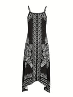 Spring/Summer Women's Ethnic Print Vintage Casual Versatile Fashion Spaghetti Suspender Dress Elegant French-Style Daily Wear - Deep Grey