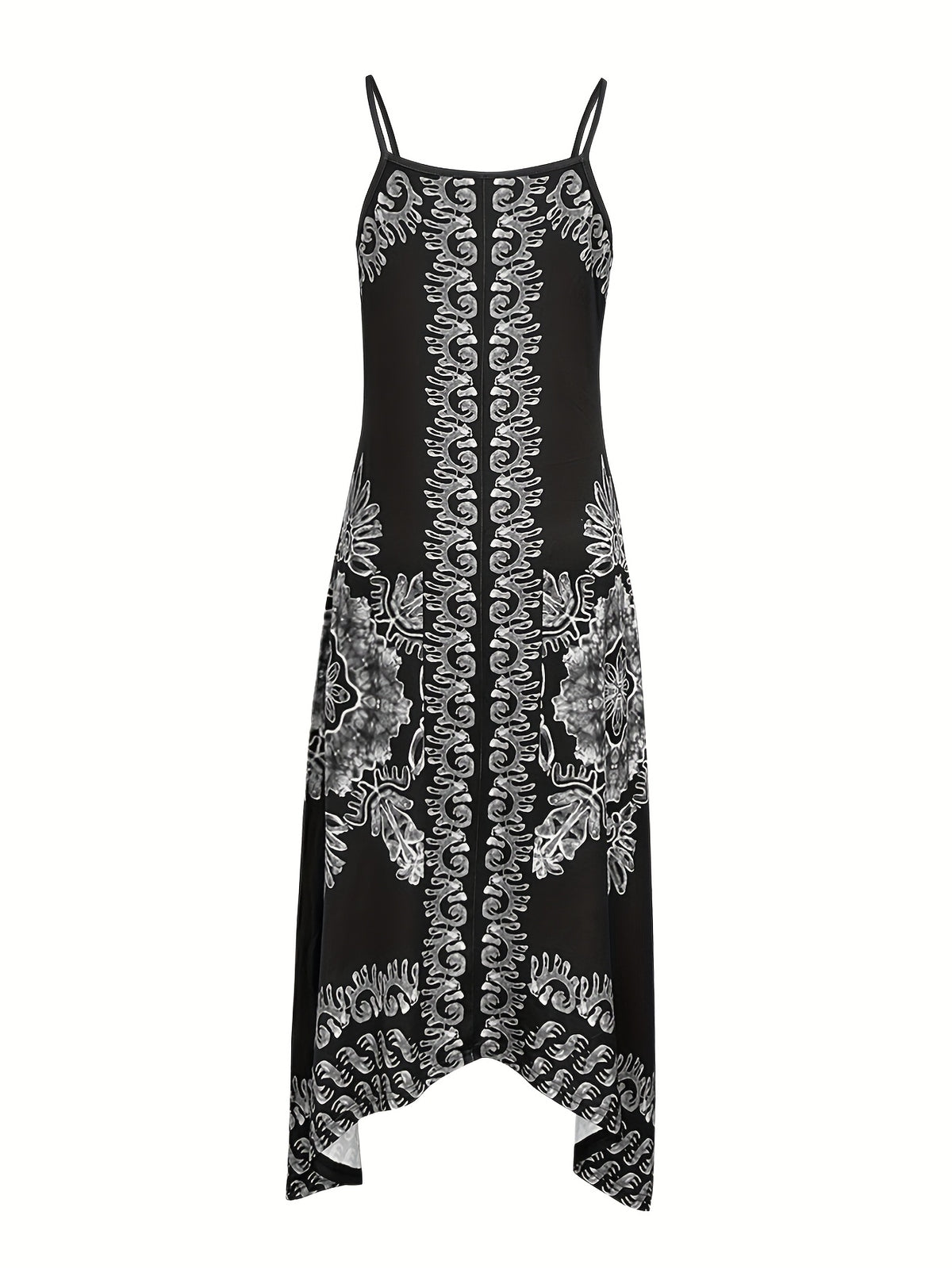 Spring/Summer Women's Ethnic Print Vintage Casual Versatile Fashion Spaghetti Suspender Dress Elegant French-Style Daily Wear - Deep Grey