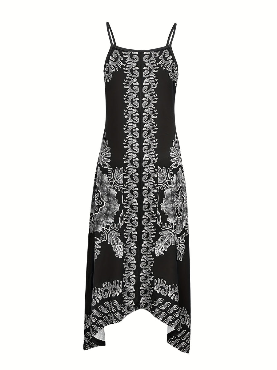Spring/Summer Women's Ethnic Print Vintage Casual Versatile Fashion Spaghetti Suspender Dress Elegant French-Style Daily Wear - Deep Grey