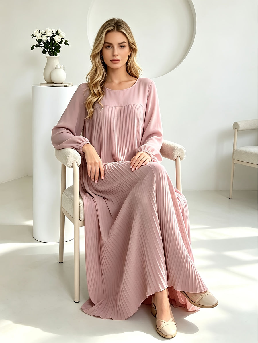 1pc Elegant Holiday Fashion Versatile Loose Pleated Back Zipper Solid Color Women's Robe, Suitable for Daily Wear, Comfortable, Casual, and Loose-Fitting. Women's Robe, Muslim Long-Sleeve Dress, Women's Maxi Dress - Pink Color