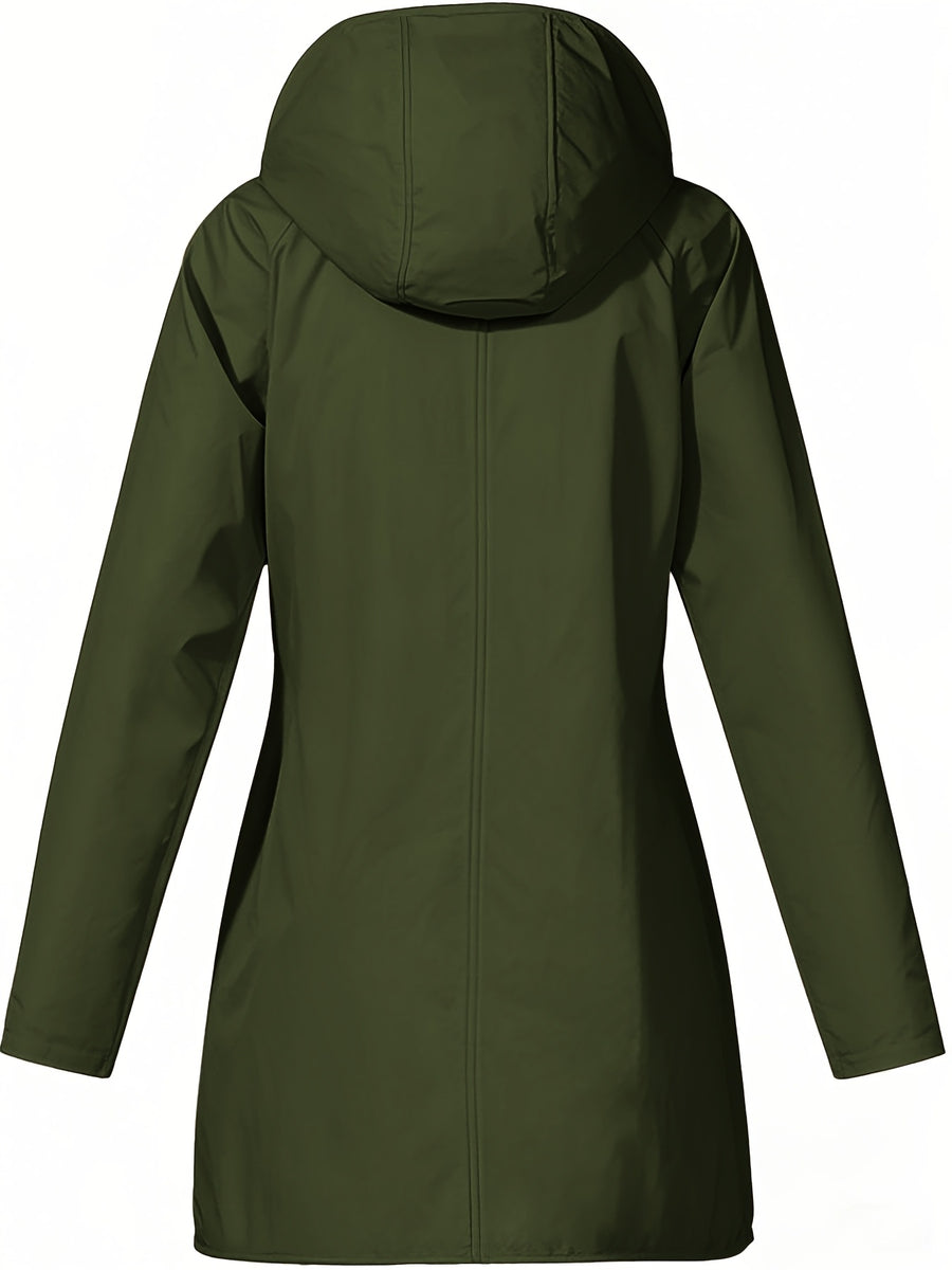Women'S Hooded Outdoor Pocket Zipper Casual Mid-Length Trench Coat - Olive Green