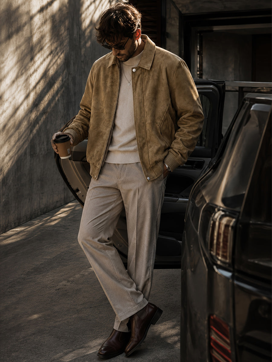 Men'S Autumn Winter Thickened PU Material Jacket, Retro Lapel Fleece-Lined Jacket, Loose Commuter All-Match Cargo Top, Windproof And Anti-Deformation, Autumn Winter Style, Travel Outdoor Wear - Khaki Plus Fleece