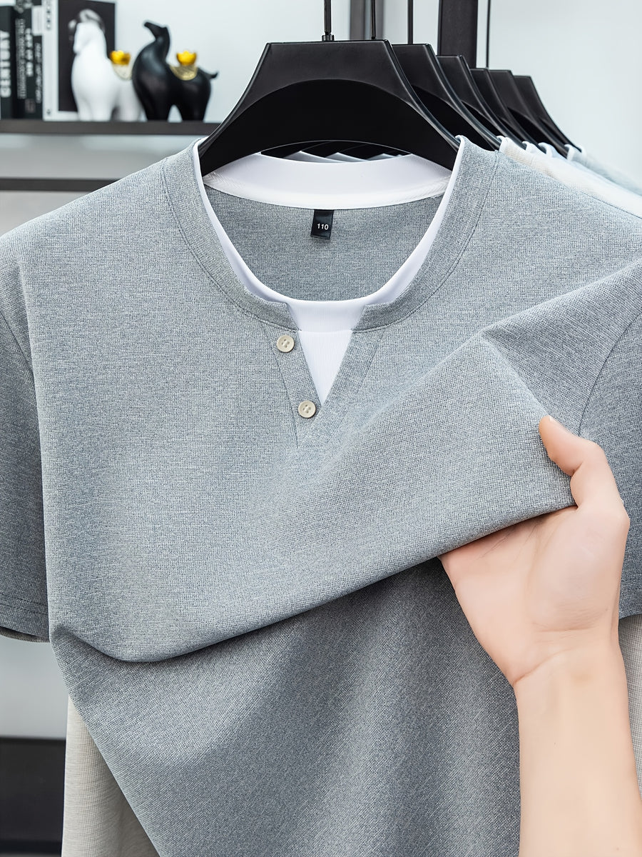 [Saa Xing OBM] Spring Summer New Men'S Polo Shirt, Faux Two-Piece V-Neck Open Collar And Round Neck Short Sleeve T-Shirt Men'S Business Casual Fashion Breathable All-Match Knit Pullover Base Layer Top - Dark Gray
