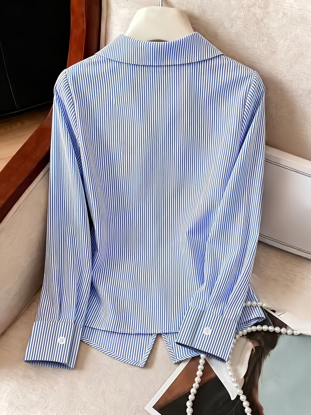 Stylish Long-sleeved Womens Shirt a New Luxuryversatile Top That Helps to Conceal Body Flaws and Create a Slimmer Appearancestripedtiedback Shirt for Women. - Light Blue Color