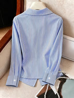 Stylish Long-sleeved Womens Shirt a New Luxuryversatile Top That Helps to Conceal Body Flaws and Create a Slimmer Appearancestripedtiedback Shirt for Women. - Light Blue Color