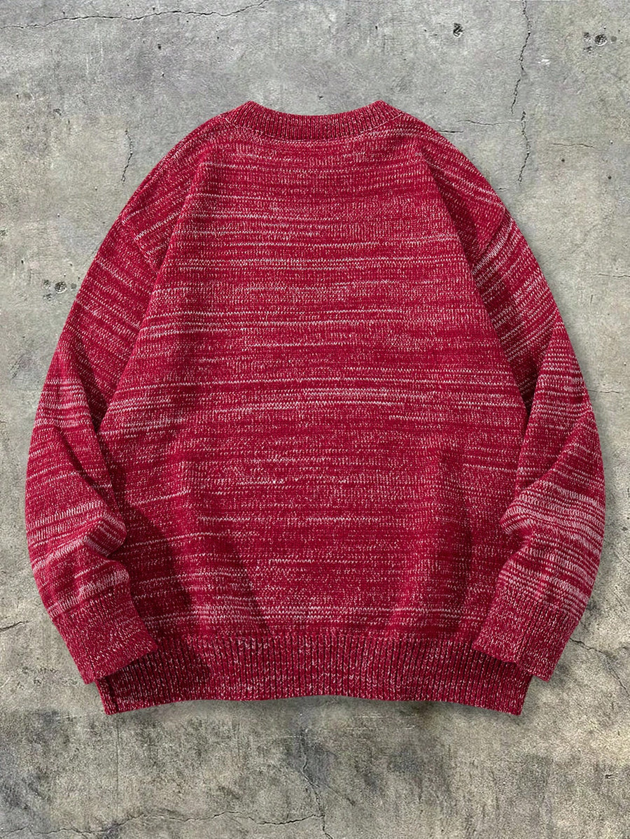 Men' & Women' Color-Block Knit Sweater - Soft Loose-Fit Crewneck Pullover with Mixed Yarn Base Layer Suitable for Layering or Outerwear, Hand Washable Winter Sweater for Casual Wear, Warm Blending - Red