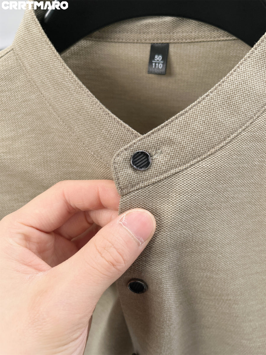 Kartmar CRRTMARO Summer New Chinese Stand-Up Collar Shirt Men'S Short Sleeve High-End Mandarin Collar Dress Shirt Business Casual Men'S Top Tiamai - Khaki
