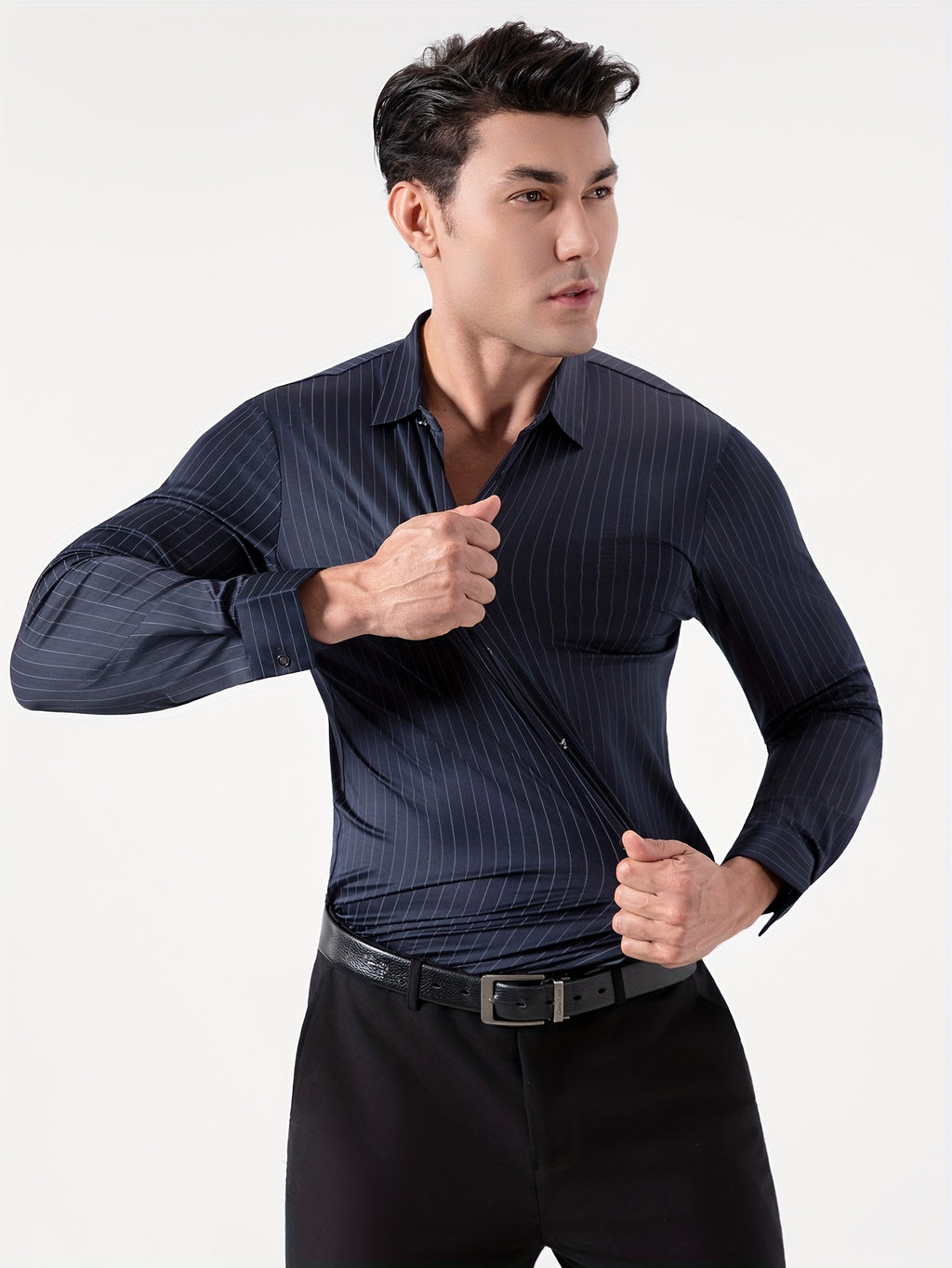 Seamless High-Elasticity Pressed Hem Wrinkle-Free Men's Long-Sleeve Striped Fashion Casual High-End Button-Up Cardigan Four-Way Stretch Men's Top, Fabric Weight 160g, Material 88% Polyester Fiber 12% Spandex - Navy Blue Strips