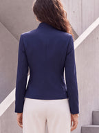 Stand Collar Asymmetrical Front Closure Single Button Solid Color Long Sleeve Versatile Suit Jacket with Lining And Pockets - Dark Blue