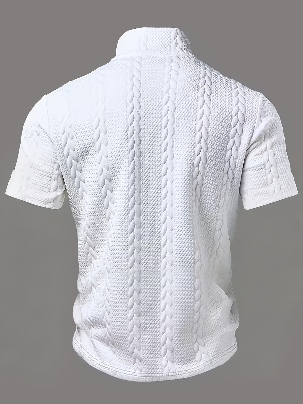Men's Fashion Top, Spring/Summer Casual Random Cut Textured Jacquard Fabric Zipper Half-Open Placket Short Sleeve Patchwork Men's Henley Shirt - White