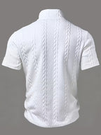 Men's Fashion Top, Spring/Summer Casual Random Cut Textured Jacquard Fabric Zipper Half-Open Placket Short Sleeve Patchwork Men's Henley Shirt - White