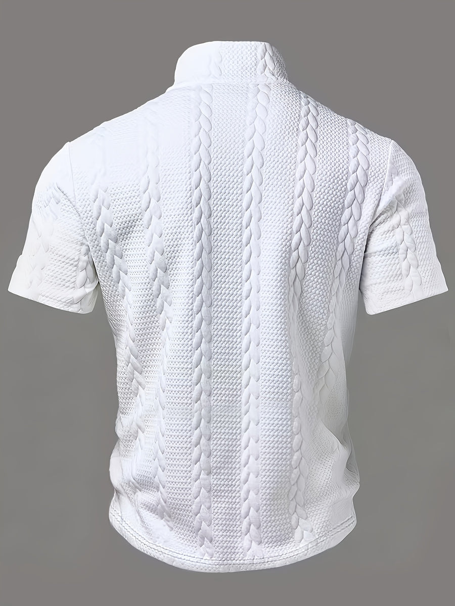 Men's Fashion Top, Spring/Summer Casual Random Cut Textured Jacquard Fabric Zipper Half-Open Placket Short Sleeve Patchwork Men's Henley Shirt - White