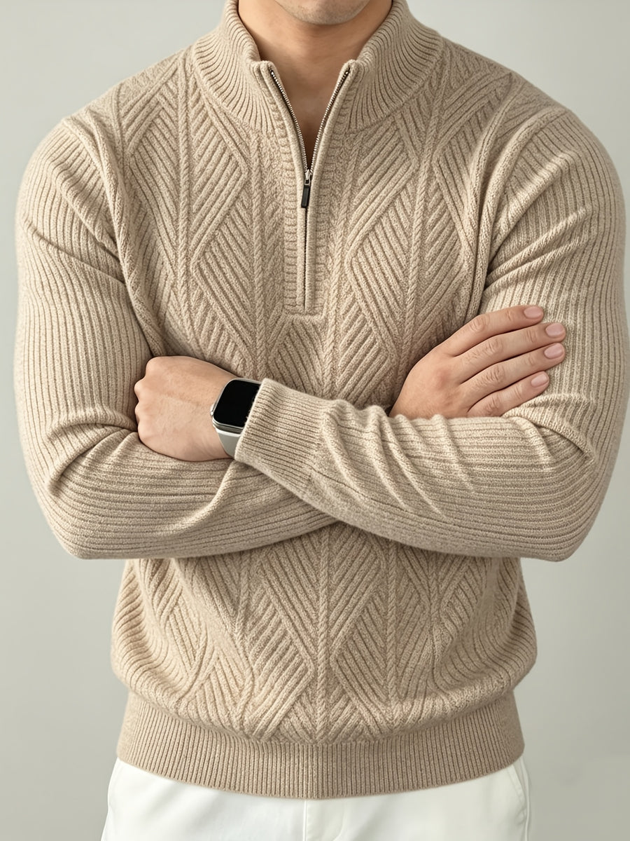 Men's Autumn/Winter Half-Turtleneck Zipper Sweater, Business Casual Pullover Base Layer Top - Khaki