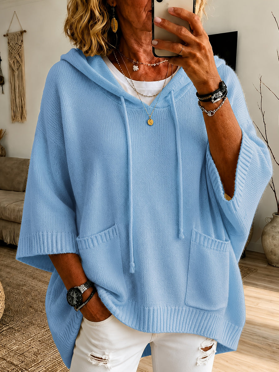 2026 Women'S Fall Winter Solid Color Hooded 3/4 Sleeve Cape Sweater Top with Drawstring And Double Pockets, Casual Easy Fashion Versatile Commute Home Vacation Outfit Pullover Top Women'S Clothing - Fog Blue
