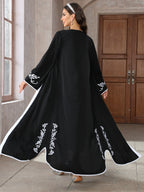Middle Eastern Women'S Elegant Long Dress Black Embroidered Cape Robe - Black