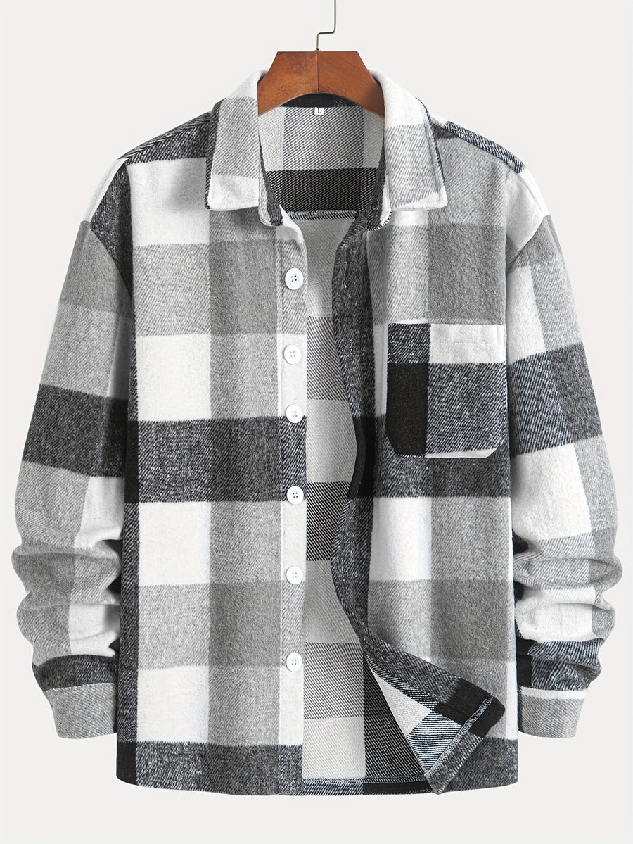 1pc of Plaid Casual Jacket, Casual Sports Jacket, Lapel Button Cardigan Jacket - Grey
