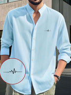 Men's Comfortable Long Sleeve Casual Shirt - Party Wear, Lightweight Breathable Stand Collar Button-Up Top, Versatile Apparel for Daily Wear, Events, and Outings, ECG Print Pattern, Fashionable Men's Clothing for Various Occasions, Everyday Outdoor - Sky Blue
