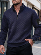 Autumn Men'S Waffle Half-Zip Stand Collar Sweatshirt, Casual Loose Textured Pullover Top Jacket, Gift for Husband Or Father - Navy Color