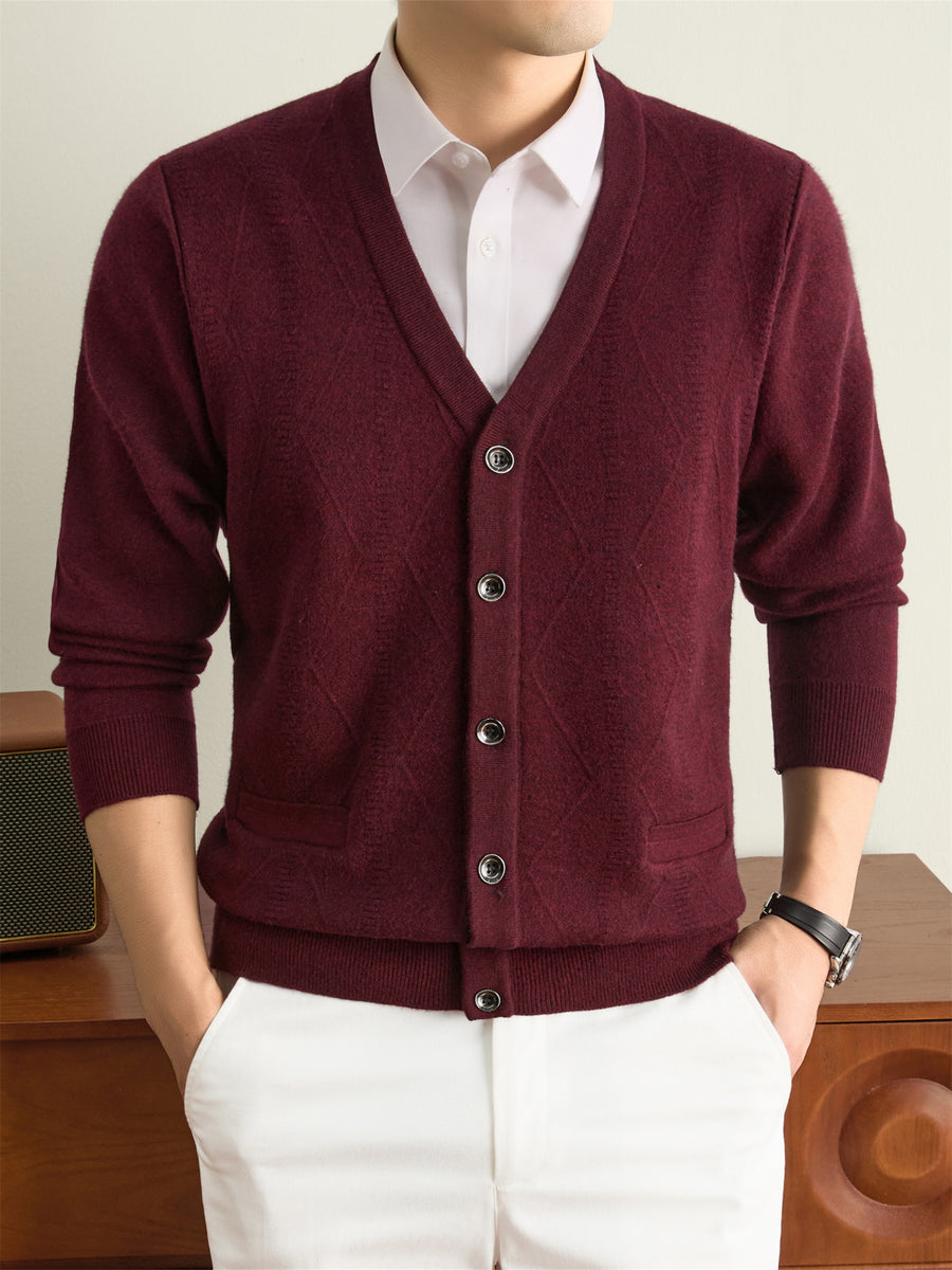 Autumn Winter Knit 3D Solid Color V-Neck Sweater, Basic Knit Cardigan for Men, Fashionable Long Sleeve Sweater, Size Y - Zi Hong