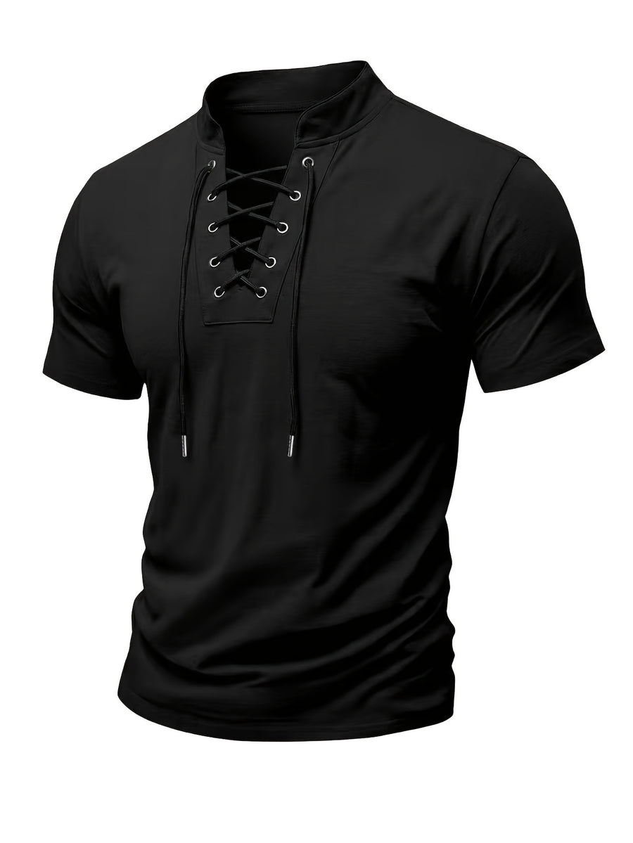 Summer Latest Men'S Individual Design Stand-Up Collar T-Shirt, Fashionable Western Style Trendy High Street Short Sleeve - Midnight Black