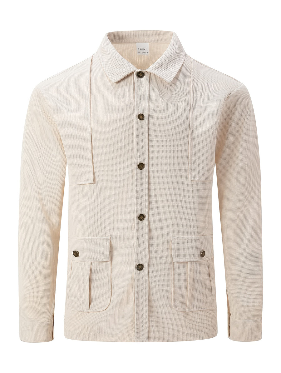 Men'S New Fall Winter Waffle Knit Shirt Jacket with Lapel, Multi-Pocket Button-Front Cargo Jacket - Khaki