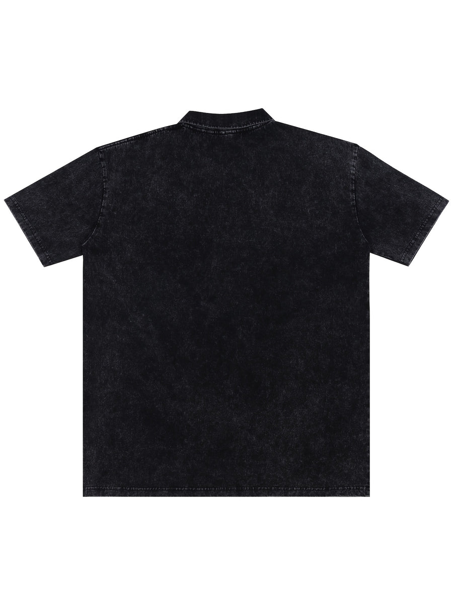 New American Hip-Hop Punk Style Washed Black Short Sleeve Lapel Loose Polo T-Shirt for Men And Women - Retro Distressed Design, Lightweight And Breathable Fabric, Streetwear Trendy Loose Polo Top, Suitable for Casual Wear And Outdoor Activities - Black