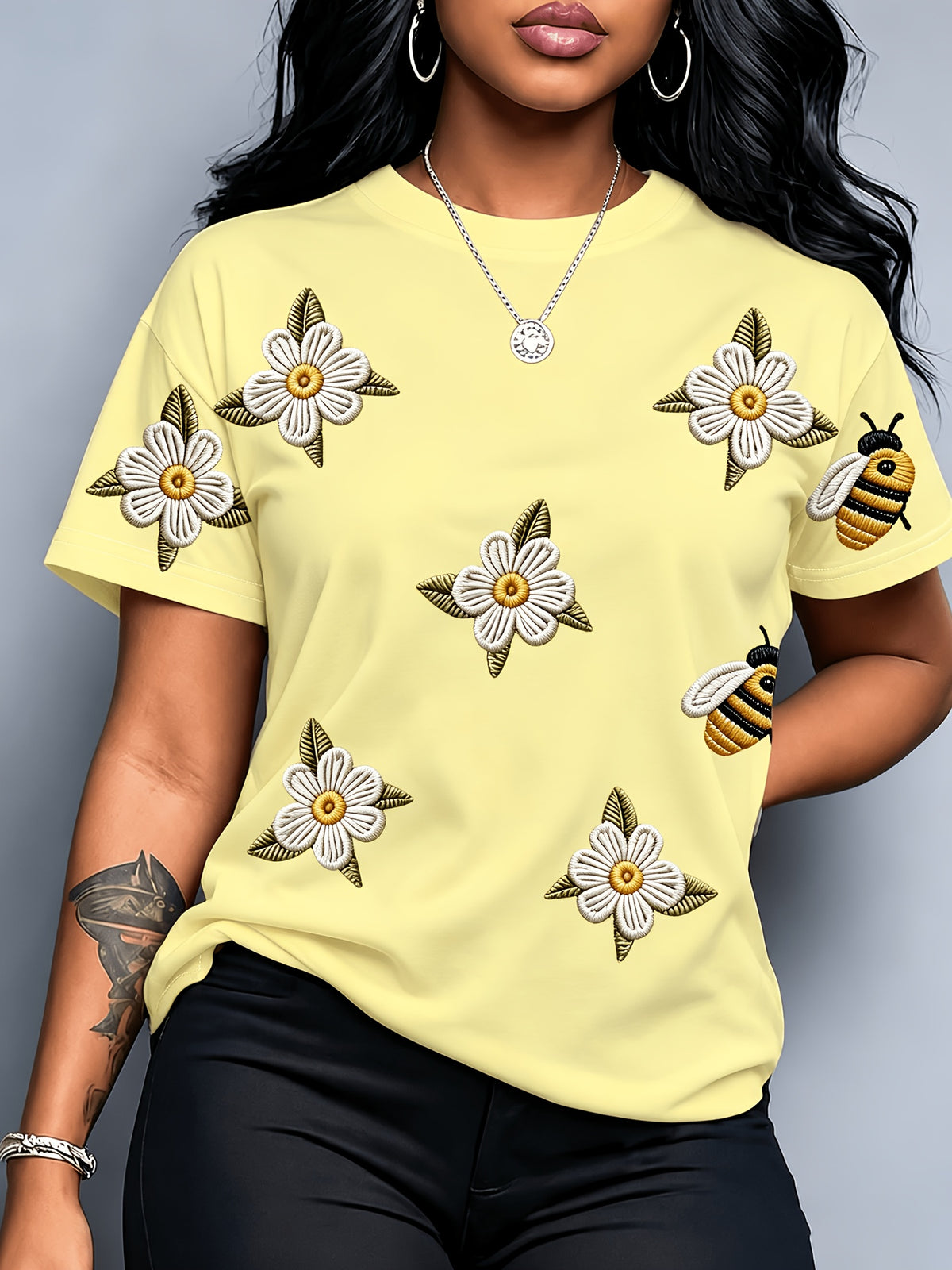 (Simulated ) Western Plus Size Women'S Light Yellow Bee Daisy Imitation Print Short Sleeve, Pastoral Style Casual Comfortable Full Print T-Shirt, And Covering Loose Top, Daily Versatile, Women'S Summer Clothing, Women'S Clothing - Mixed colors