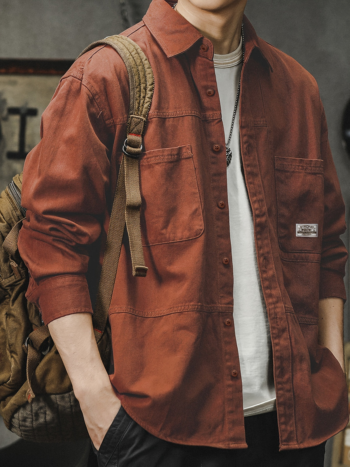 Men'S Cargo Shirt Spring Autumn Long Sleeve Top Vintage Workwear Style Multi-Pocket American Casual Top Outerwear, New Season - Rust