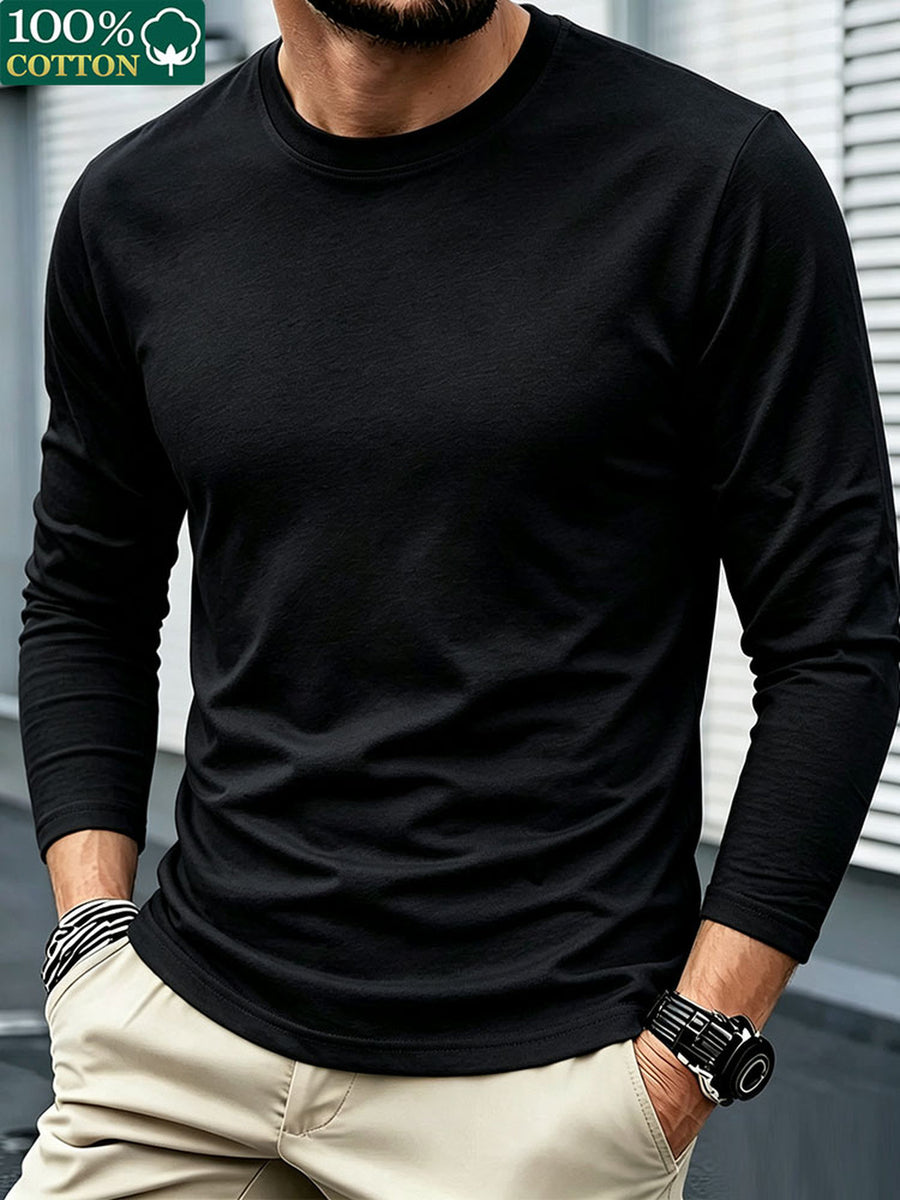 100% T-shirt, New Spring/Autumn Long-Sleeve T-shirt, Men's Sporty Casual Wear, Stylish and Versatile Top - Black