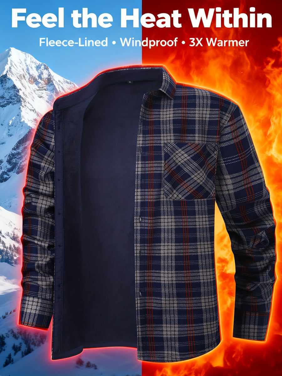 Autumn/Winter Plaid Flannel Shirt for Men, -Lined, Thickened, Warm, Long-Sleeve Workwear Jacket, Casual Top, New Season - Red Navy Blue