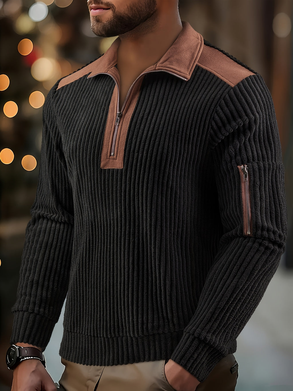 ROYALBOY Spring New Arrival Men's Gift Christmas Men's Casual Ribbed Half-Zip Stand Collar Pullover - Black and Brown Color Block Long Sleeve Pullover with Left Shoulder Zippered Storage Pocket, Versatile for Daily Wear Casual Sporty Layering | - Black