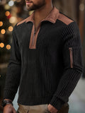 ROYALBOY Spring New Arrival Men's Gift Christmas Men's Casual Ribbed Half-Zip Stand Collar Pullover - Black and Brown Color Block Long Sleeve Pullover with Left Shoulder Zippered Storage Pocket, Versatile for Daily Wear Casual Sporty Layering | - Black