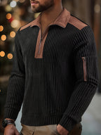 ROYALBOY Spring New Arrival Men's Gift Christmas Men's Casual Ribbed Half-Zip Stand Collar Pullover - Black and Brown Color Block Long Sleeve Pullover with Left Shoulder Zippered Storage Pocket, Versatile for Daily Wear Casual Sporty Layering | - Black