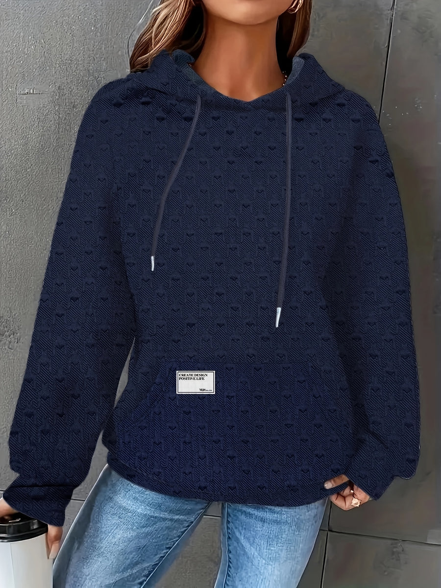Women's Autumn/Winter Waffle Hooded Long-Sleeve Solid Color Sweatshirt - Navy Color