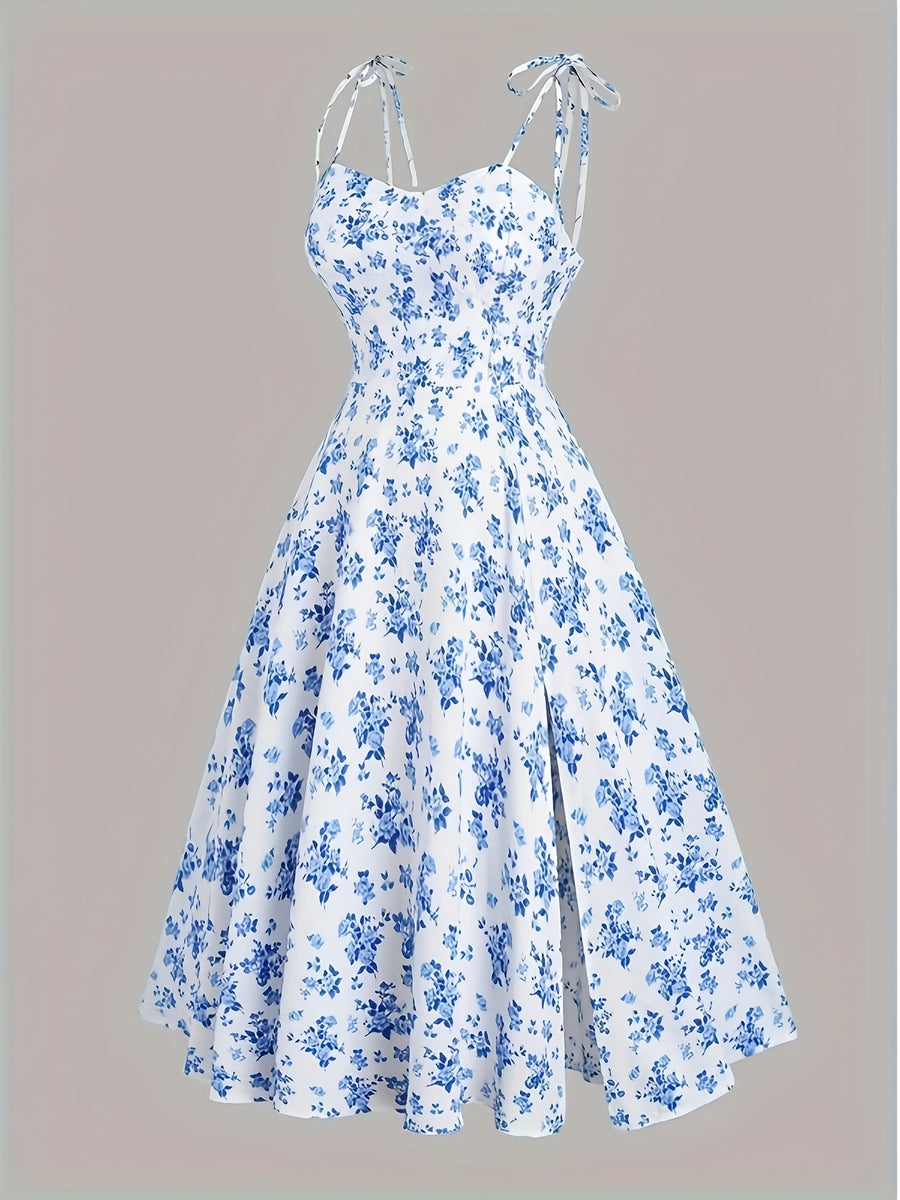 Fashionable Women'S Floral A-Line Dress with a Split Hem, Thin Shoulder Straps, And a Bow Tie Detail - Mix Color Blue And White