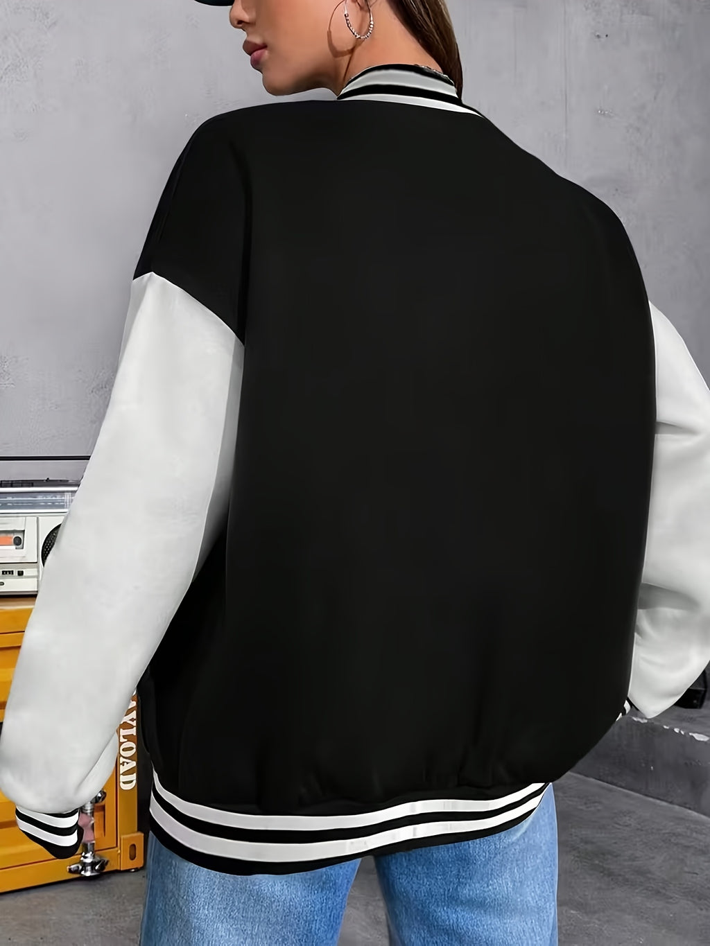 Women'S Baseball Jacket, Loose Casual Color-Blocked Coat, Letter Print Top For, Versatile Cardigan for Spring And Autumn in Korean Style - Black