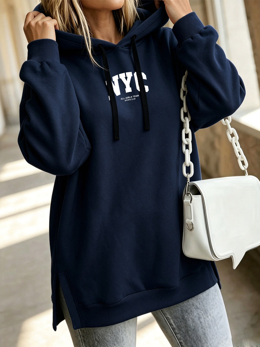 Women' S Fashion Hooded Sweatshirt for Autumn and Winter- Pattern Print Design, Side Slit Design, Hooded Sweatshirt - Navy Color