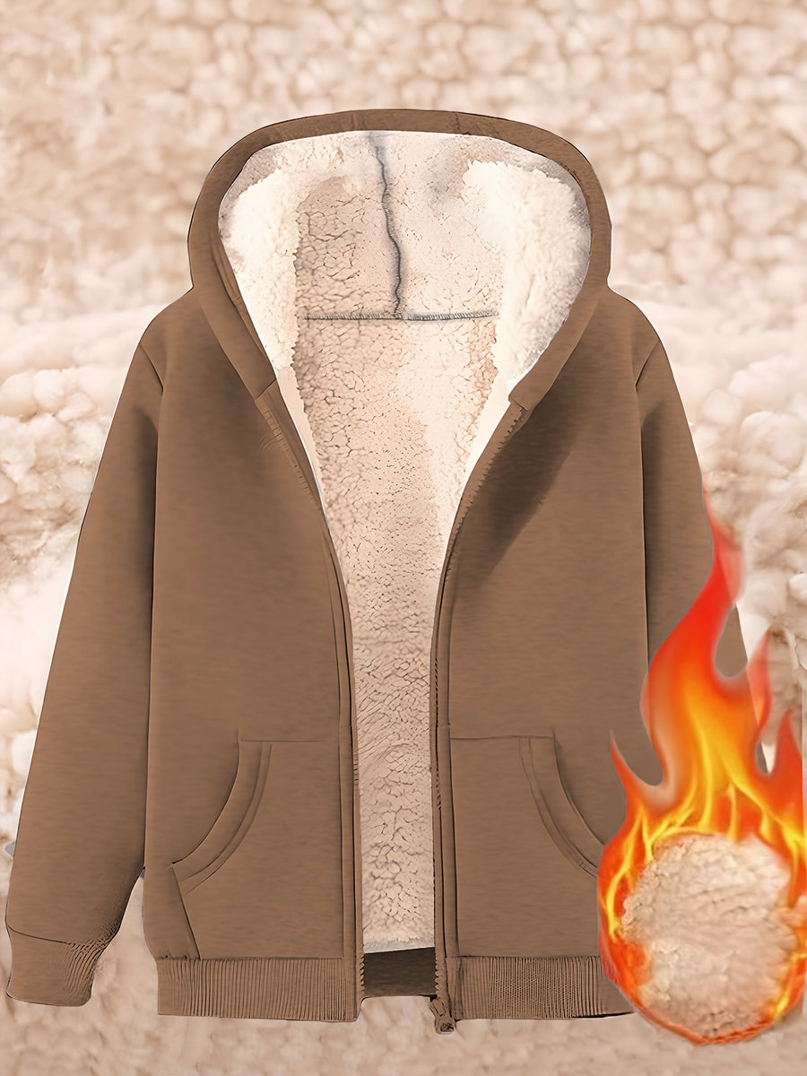 [Autumn Winter] Women'S Autumn Winter New Casual Warm Winter Fleece Hooded Sweatshirt Jacket - Dark Brown