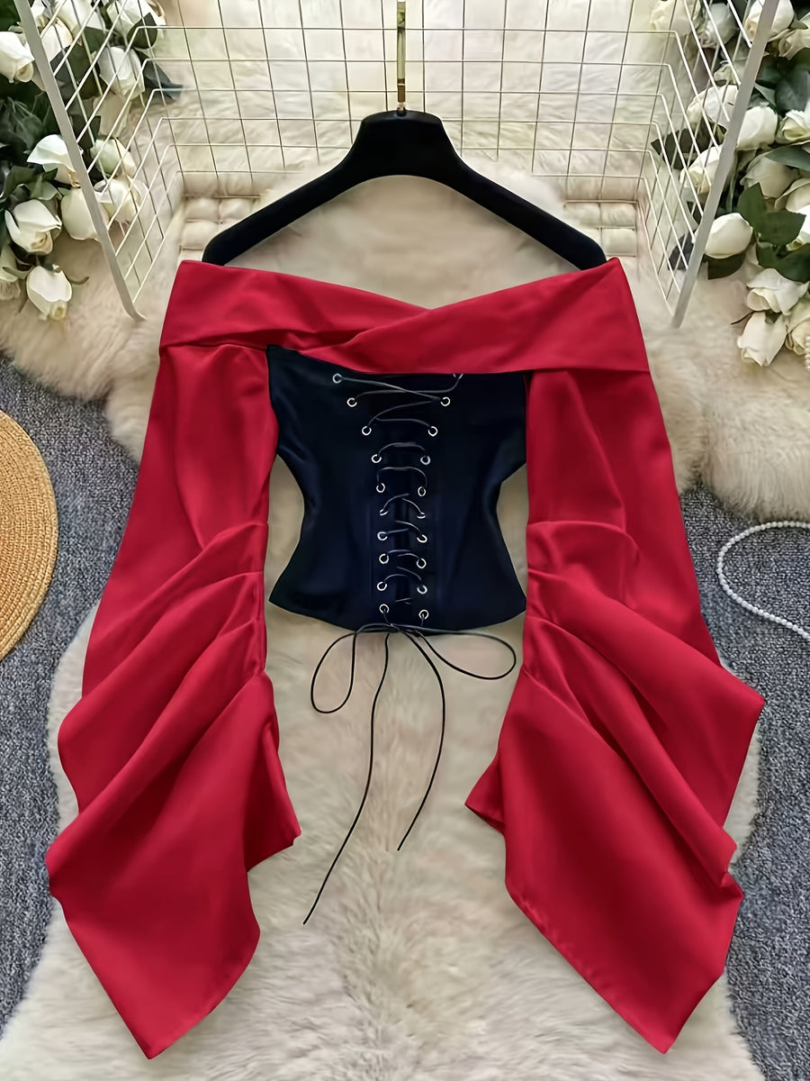 Spring Summer Fashion New Style Top Elegant Contrast Color Patchwork Off-Shoulder Square Neck Drawstring Short Top - Black And Red Color Contrast
