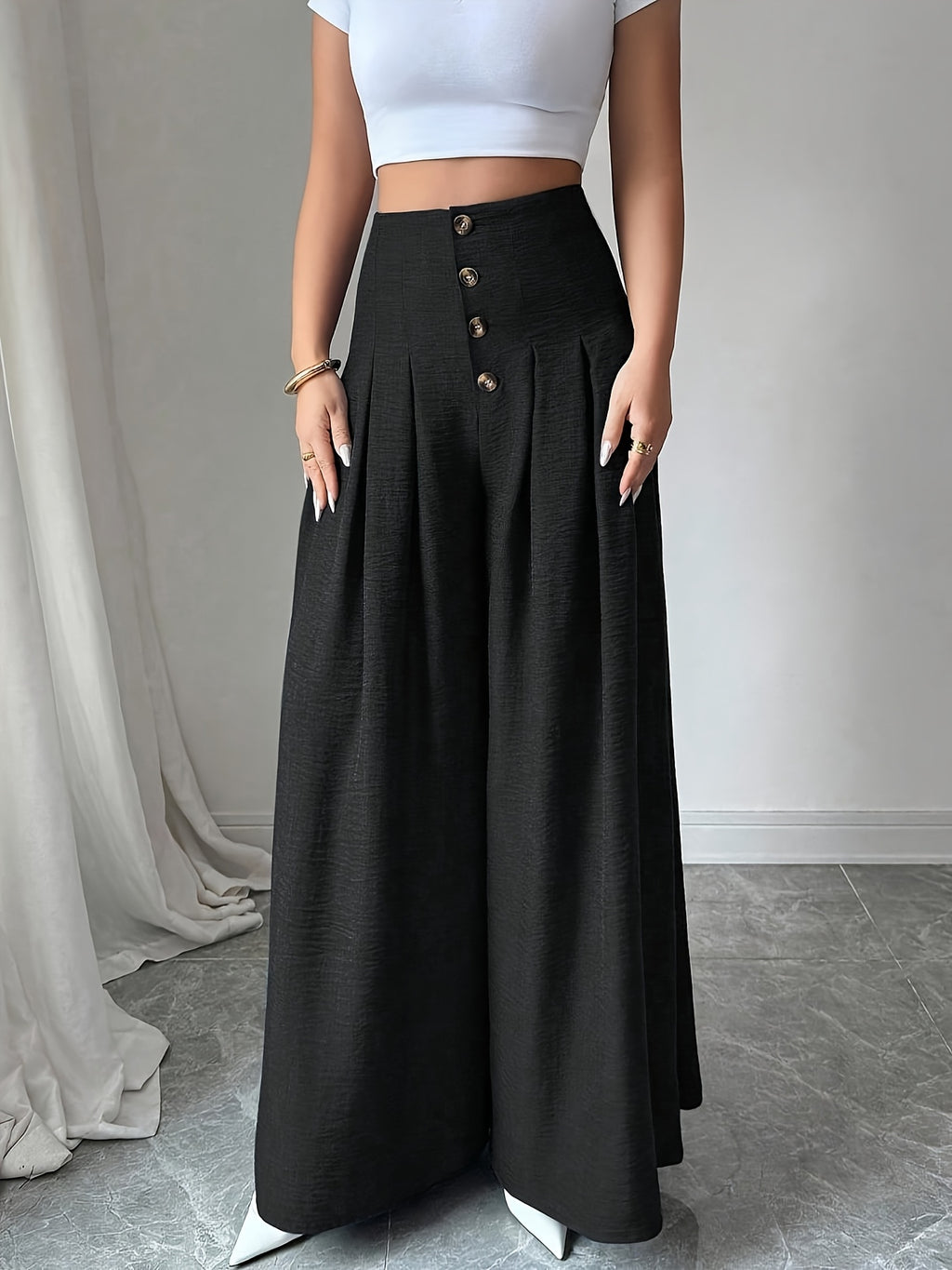 Women's Button-front Loose-fit Casual Wide-leg Pants, Simple and Stylish Solid-color Trousers for Daily Outings, Pairable with Various T-shirts, Jackets, and Trench Coats. Regular Thickness, Suitable for Spring, Summer, and Autumn - Black
