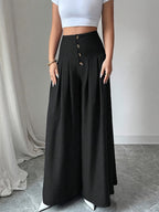 Women's Button-front Loose-fit Casual Wide-leg Pants, Simple and Stylish Solid-color Trousers for Daily Outings, Pairable with Various T-shirts, Jackets, and Trench Coats. Regular Thickness, Suitable for Spring, Summer, and Autumn - Black
