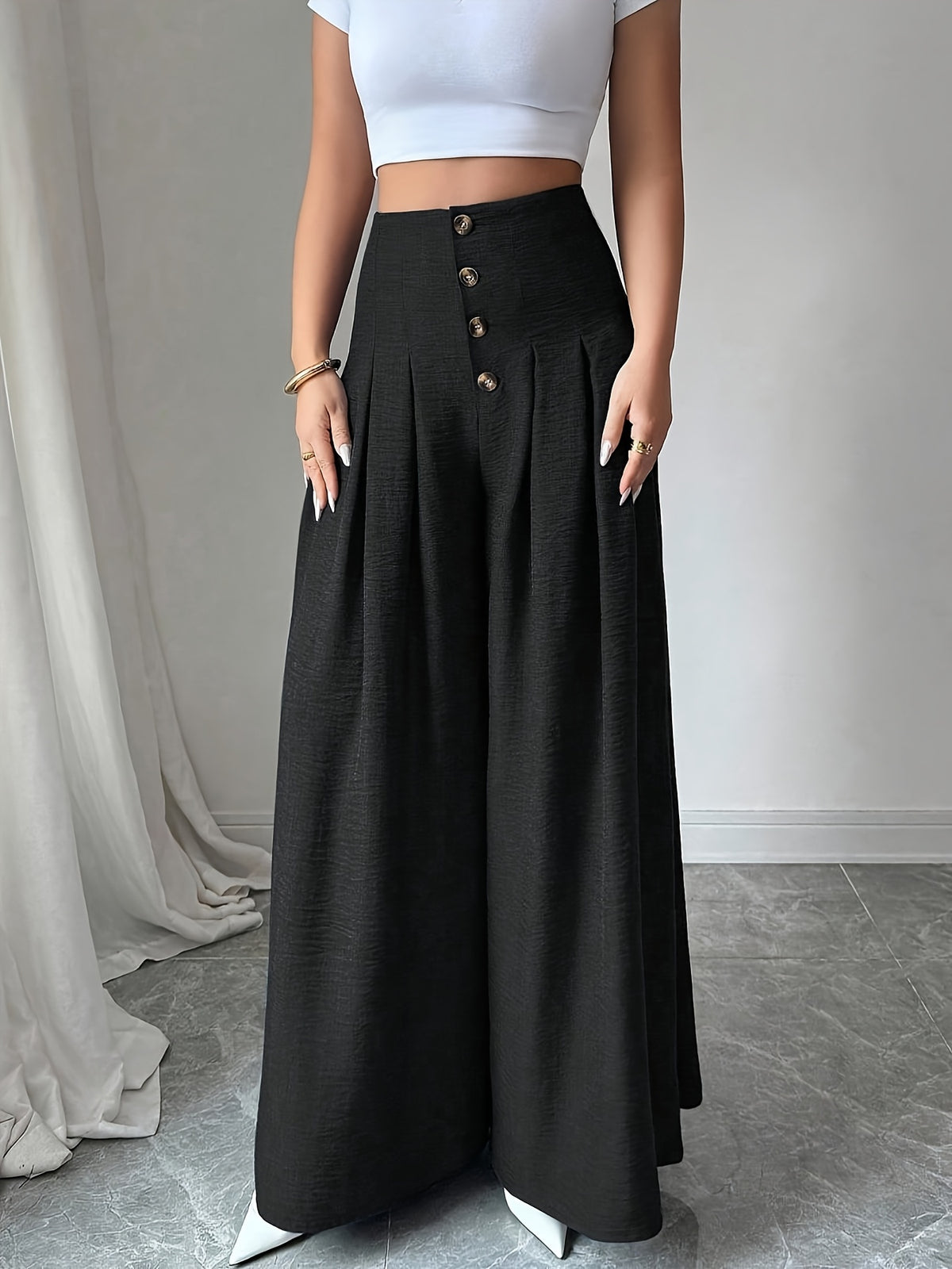 Women's Button-front Loose-fit Casual Wide-leg Pants, Simple and Stylish Solid-color Trousers for Daily Outings, Pairable with Various T-shirts, Jackets, and Trench Coats. Regular Thickness, Suitable for Spring, Summer, and Autumn - Black