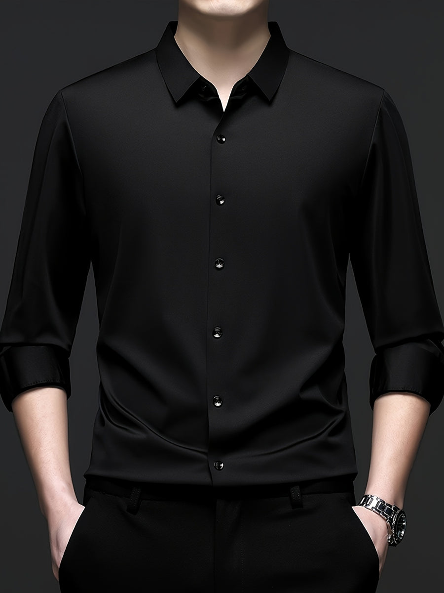 High-end Men's Casual Fashion Wrinkle-Resistant Thin Seamless Stretch Business Solid Color No-Iron Long Sleeve Shirt - Black