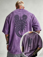 Washed Distressed Short Sleeve Loose Top, Tribal Totem Sun Vortex Trendy Print, Multi-Color Casual Matching, American Street Hip-Hop High Street Style, Daily Outing Commute Sports Fitness Couple Statement Versatile T-Shirt - Purple