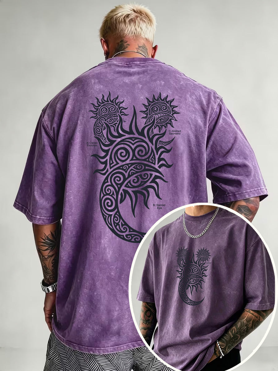 Washed Distressed Short Sleeve Loose Top, Tribal Totem Sun Vortex Trendy Print, Multi-Color Casual Matching, American Street Hip-Hop High Street Style, Daily Outing Commute Sports Fitness Couple Statement Versatile T-Shirt - Purple
